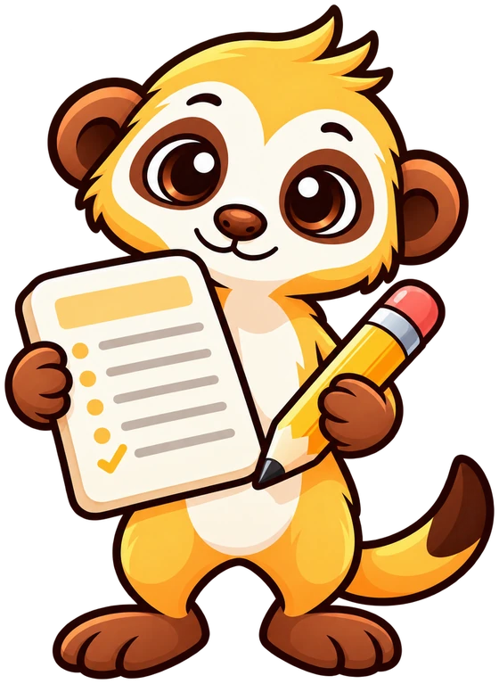 The meerpad meerkat, standing with a page of notes in one paw and a pencil in the other