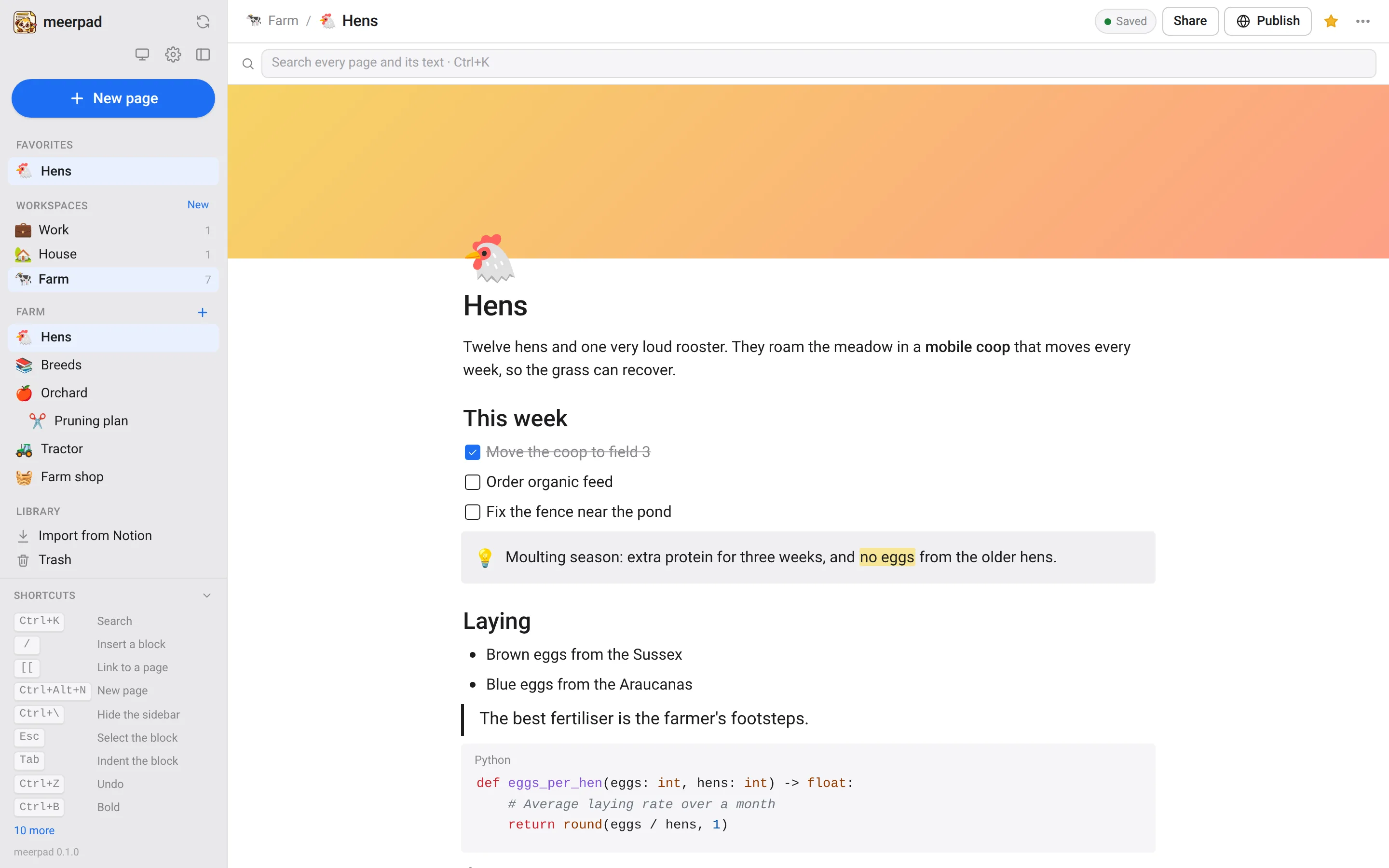 The meerpad window: workspaces and a page tree in the sidebar, and a page with a cover, to-dos, a callout and a code block.